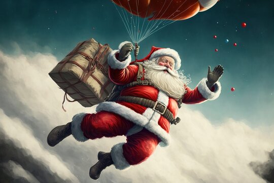 Santa Claus with Gifts Jumping with a Parachute. Skydiving and Parachuting Santa. Generative AI.