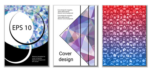 Fototapeta na wymiar Cover design. Set of 3 covers. Imitation of crumpled paper. Unusual bright abstract background for magazine, book, splash, banner, vector. Imitation of crumpled paper