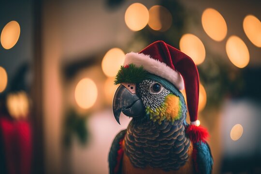 Parrot Wearing Christmas Hat. Celebrating. Generative AI