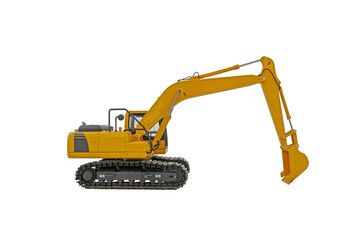 Crawler Excavator with lift up bucket on  isolated white background.