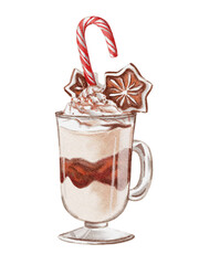 Watercolor Christmas drinks Hot chocolate Gingerbread cookie Candy cane Transparent background Png Illustration 