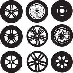 Pile of car tires with alloy wheel rim, tyre fitting service and sale advertising poster, vector © Dmytro