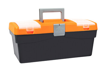 The black orange, plastic tool box. Isolated organizer.