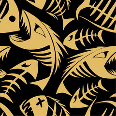 bright seamless pattern of golden graphic fish skeletons on a black background, texture, design