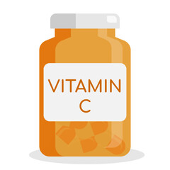 vitamin c bottle with label. Pill flat icon isolated on white background. Flat vector illustration.	