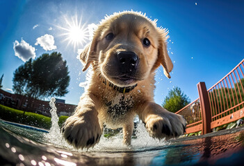 fisheye lens captured a cute Golden Retriever puppy dog, having fun in the water, looking into camera, splashing, happy. - obrazy, fototapety, plakaty