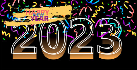 Happy new year 2023. confetti decoration on dark background. vector illustration