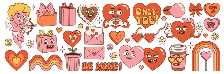 Fototapeta Groovy lovely hearts stickers. Love concept. Happy Valentines day. Funky happy heart character in trendy retro 60s 70s cartoon style. Vector illustration in pink red colors. obraz