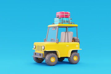 Road trip by Off-road car with bags on roof, Tourism and travel concept, holiday vacation, Family camping, nature journey, 3d render.