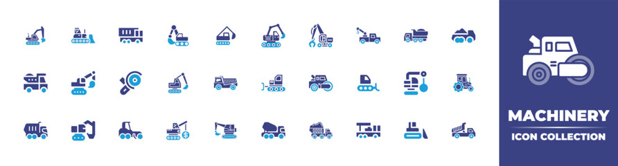 Machinery icon Collection. Duotone color. Vector illustration. Containing dump truck, excavator, excavators, bulldozer, backhoe, angle grinder, dumper truck, demolition, grader, truck, and more.