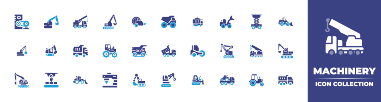 Machinery icon Collection. Duotone color. Vector illustration. Containing baler, excavator, crane, machine, dumper truck, tractor, heavy machinery, wrecking ball, excavators, and more.