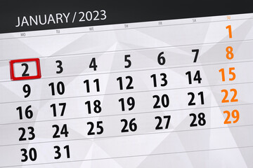 Fototapeta premium Calendar 2023, deadline, day, month, page, organizer, date, january, monday, number 2