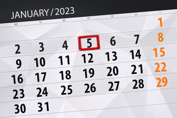 Fototapeta premium Calendar 2023, deadline, day, month, page, organizer, date, january, thursday, number 5