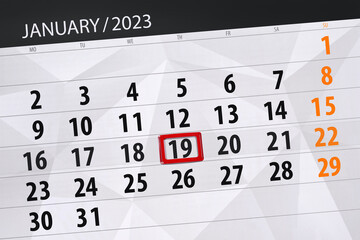 Obraz premium Calendar 2023, deadline, day, month, page, organizer, date, january, thursday, number 19