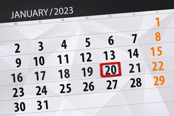 Fototapeta premium Calendar 2023, deadline, day, month, page, organizer, date, january, friday, number 20