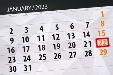 Calendar 2023, deadline, day, month, page, organizer, date, january, sunday, number 22