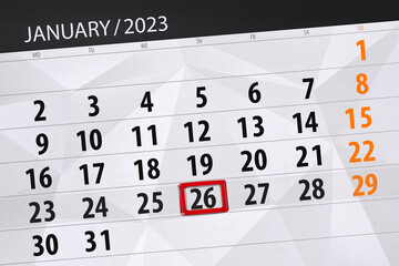 Obraz premium Calendar 2023, deadline, day, month, page, organizer, date, january, thursday, number 26