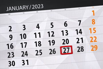 Obraz premium Calendar 2023, deadline, day, month, page, organizer, date, january, friday, number 27