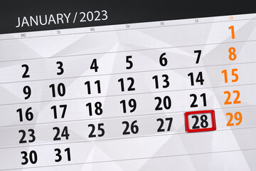Fototapeta premium Calendar 2023, deadline, day, month, page, organizer, date, january, saturday, number 28
