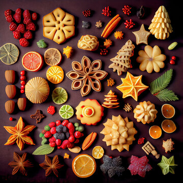 Christmas Cookies, Ornaments Knolling Photography, Colorful, Ai Art