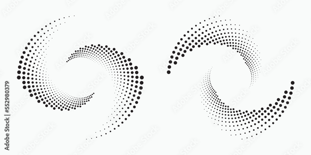 Poster Circle halftone spiral backdrop set. Dotted abstract concentric circle. spiral, swirl, twirl element. Circular and radial dots helix. Design element for multipurpose use.	