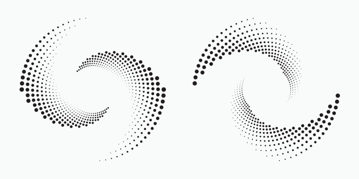 Circle halftone spiral backdrop set. Dotted abstract concentric circle. spiral, swirl, twirl element. Circular and radial dots helix. Design element for multipurpose use.	