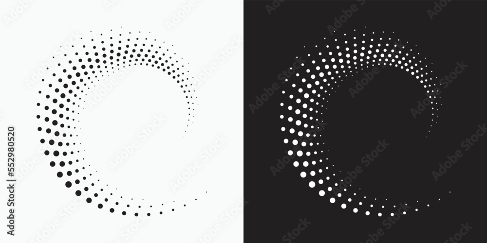 Poster Circle halftone spiral backdrop. Dotted abstract concentric circle. spiral, swirl, twirl element. Circular and radial dots helix. Design element for multipurpose use.	