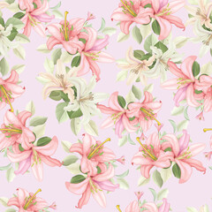 hand drawn floral lily and roses seamless pattern design