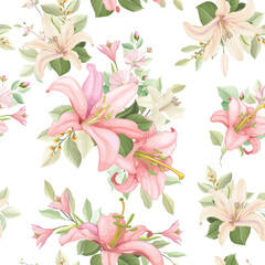 hand drawn floral lily and roses seamless pattern design