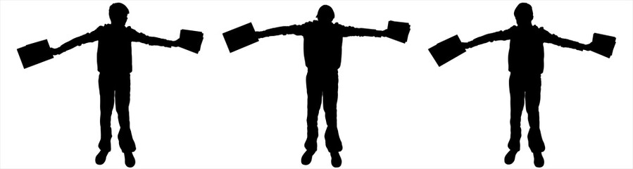 The teen widely spaced both hands, holding books and notebooks in his hands. The boy tilted his head slightly back in joy - back to school. Front view, full face. Black silhouettes isolated on white