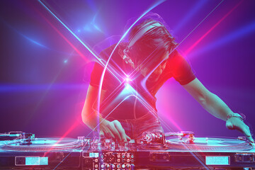 Dj plays music with a mixer at the discotheque party