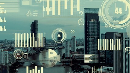 Business data analytic interface fly over smart city showing alteration future of business intelligence. Computer software and artificial intelligence are used to analyze big data for strategic plan .
