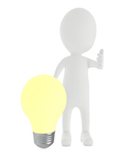 3d character , man presenting a illuminated bulb