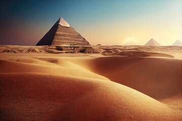 Ruins of old pyramids in desert of Egypt as digital illustration (Generative AI) - obrazy, fototapety, plakaty
