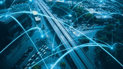 Smart digital city with connection network reciprocity over the cityscape . Concept of future smart wireless digital city and social media networking systems that connects people within the city .