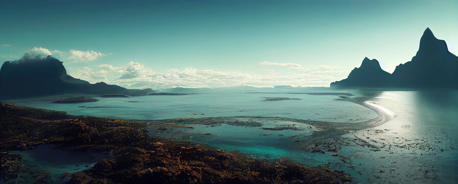 Seaside mountain landscape with bay in bora-bora (Generative AI)