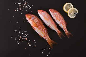 Barbatus fish on black background with lemon and salt