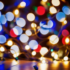 holiday illumination and decoration concept - christmas garland bokeh lights over dark blue background
