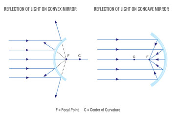 Reflection of light on concave mirror and Convex mirror