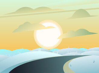 Path through rural hills. Winter drifts and snow. Landscape with an asphalt road stretching into distance. Journey beyond horizon. Cartoon fun style. Flat design. Vector.