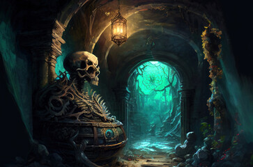 fantasy scene, the treasure at the end of a dungeon. game design inspiration. generative AI