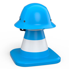 Stack of safety helmets or hard hats and traffic cones on white background