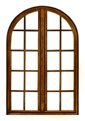 Old brown wooden window with arch on white backgroun