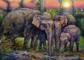 Art painting  oil  color Elephant family in forest