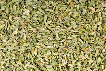 Fennel seeds background. Green fennel grains. Spices and herbs. Top view.