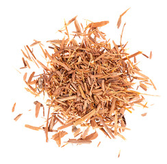 Catuaba bark isolated on white background. Trichilia catigua bark. Chuchuhuasha, Tatuaba, Pau de Reposta, Piratancara and Caramuru. Top view.