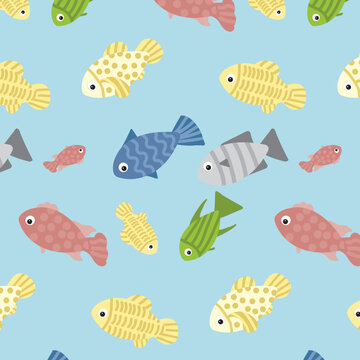 Seamless pattern of Vector Cute fish on blue background.