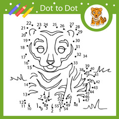 Activity page. Dot to dot game connect picture of tiger. Kids education riddle game and coloring book. Children worksheet. Vector illustration.