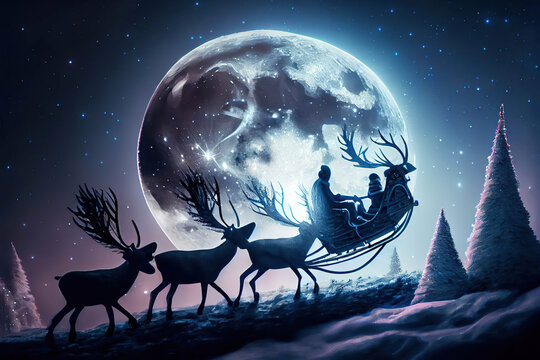 Silhouette of Santa Claus riding in a sleigh and deers in the full moon background, fairy tale Christmas illustration, AI generated image