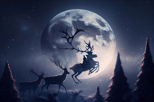 Silhouette of Santa Claus riding a reindeer in the sky, full moon and night sky background, fairy tale Christmas illustration, AI generated image